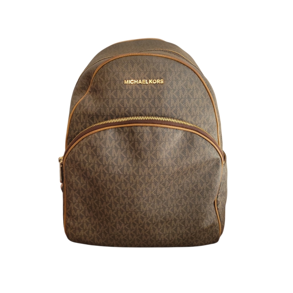 ​Michael Kors Abbey Medium Backpack Brown Signature MK Logo Print Gold Hardware - Picture 2 of 13
